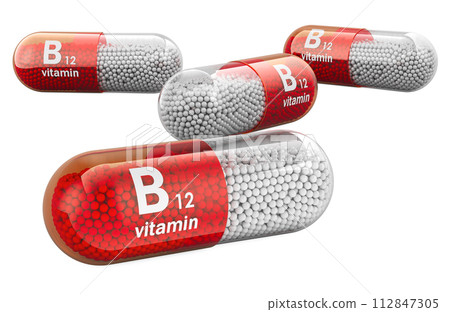 Capsules B12, vitamin  cyanocobalamin. 3D rendering 112847305