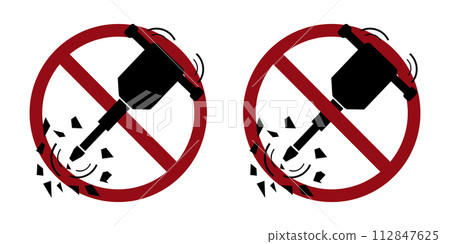 loud noise ban prohibit icon. Not allowed jack hammer. 112847625