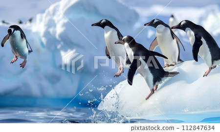 AI-generated content. Group of Penguins Standing on Top of an Iceberg 112847634