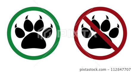 Animal ban prohibit icon. Not allowed entry with animals cats and dogs. 112847707