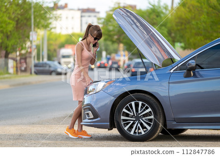 Helpless woman standing near her car with open bonnet calling road service for help. Young female driver having trouble with vehicle. 112847786