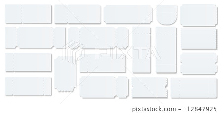 Ticket Empty template. Concert movie theater boarding blank white tickets lottery coupons . Vector Ticket Empty template. Concert movie theater boarding blank white tickets lottery coupons . Vector 112847925