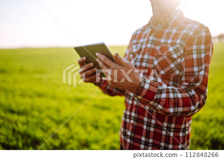 Tablet in the hands of a farmer. Smart farm. Farmer checking his crops on an agricultural field. Tablet in the hands of a farmer. Smart farm. Farmer checking his crops on an agricultural field. 112848266