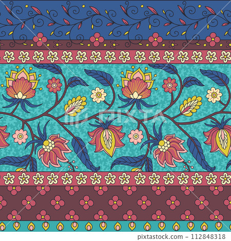 Floral seamless border pattern with indian trailing flowers motifs Floral seamless border pattern with indian trailing flowers motifs 112848318