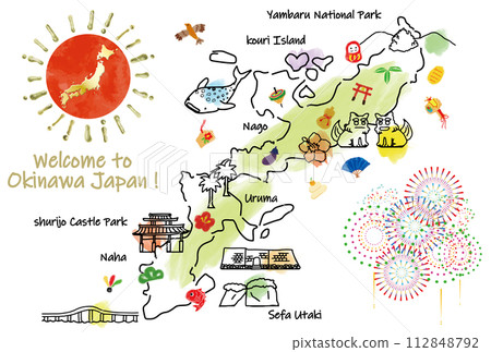 Cute illustrated maps and lucky charms of tourist spots in Okinawa 112848792