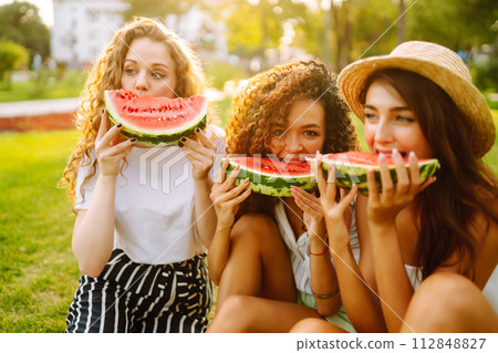 Cheerful happy friends camping on the grass, eating watermelon, laughing. Cheerful happy friends camping on the grass, eating watermelon, laughing. 112848827