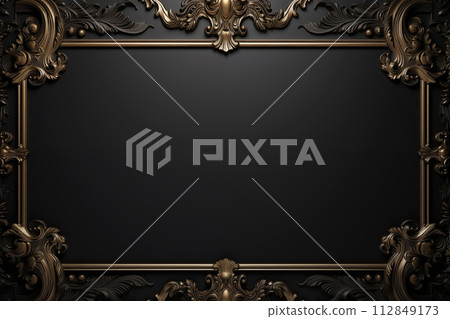 AI-generated content. An elaborate baroque style frame with intricate gold scrollwork on a black background, suggesting luxury and classic elegance AI-generated content. An elaborate baroque style frame with intricate gold scrollwork on a black background, suggesting luxury and classic elegance 112849173