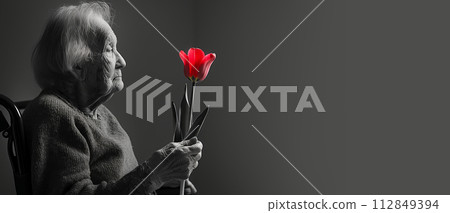 AI-generated content. An elderly woman with Parkinson's disease and red tulip in his hands in wheelchair, banner format 112849394
