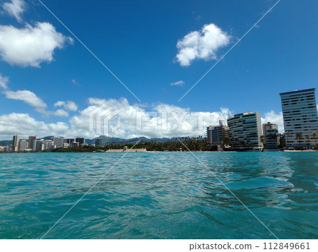 Historic Natatorium, Waikiki, Condomiums, Honolulu cityscape and San Souci Beach 112849661