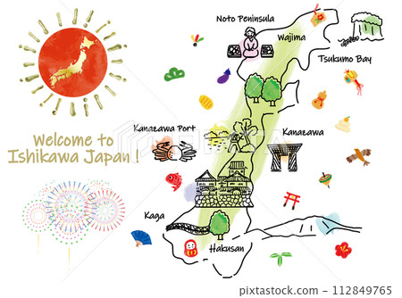 可愛的插圖地圖和石川縣旅遊景點的護身符 112849765