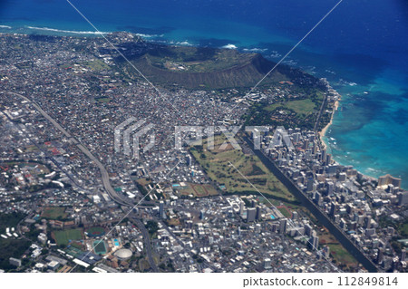 Aerial view of Diamondhead, Kapiolani Park, Waikiki, Ala Wai Canal and Kapahulu town 112849814