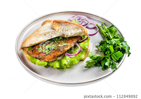 Balik Ekmek Turkish fish sandwich with grilled mackerel fillet in a bun. Isolated on white background. Top view. Balik Ekmek Turkish fish sandwich with grilled mackerel fillet in a bun. Isolated on white background. Top view. 112849892