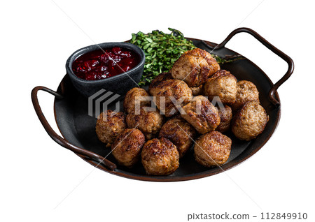 Homemade Swedish meatballs with lingonberries jam. Isolated on white background. Top view. 112849910