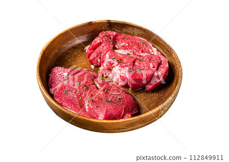 Fresh Mutton chop leg steaks, uncooked lamb meat with herbs. Isolated on white background. Top view. 112849911