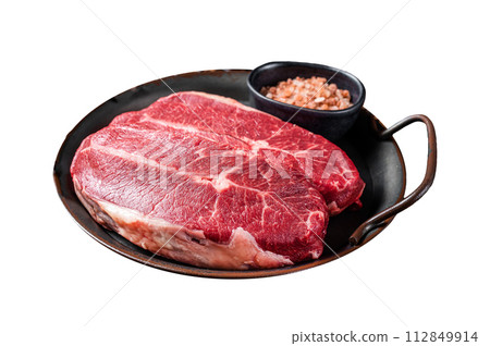 Raw wagyu oyster top blade steaks, organic beef meat. Isolated on white background. Top view. 112849914