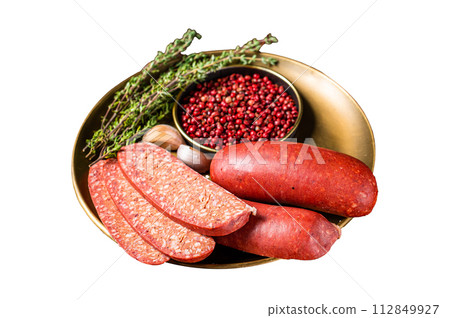 Sliced halal Sucuk beef meat sausage. Isolated on white background. Top view. Sliced halal Sucuk beef meat sausage. Isolated on white background. Top view. 112849927
