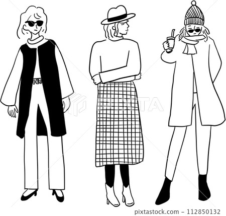 Simple line drawing illustration of a woman thinking while standing Simple line drawing illustration of a woman thinking while standing 112850132
