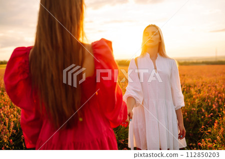 Two Beautiful woman in a field. Nature, fashion, vacation and lifestyle. 112850203