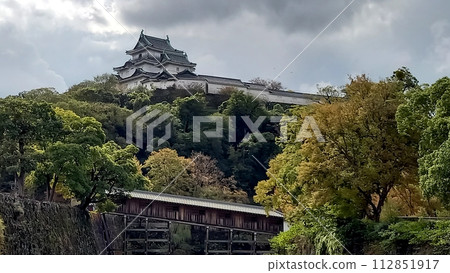 和歌山城、大天守閣、小天守閣、幹砲樓和護城河上的橋廊 和歌山城、大天守閣、小天守閣、幹砲樓和護城河上的橋廊 112851917