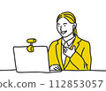 Illustration of a female job-hunting student undergoing an online interview 112853057
