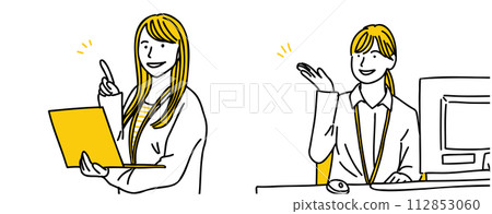 Illustration set of a woman working in an office using a PC Illustration set of a woman working in an office using a PC 112853060