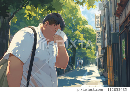 A fat businessman wiping his sweat with a handkerchief 112853485