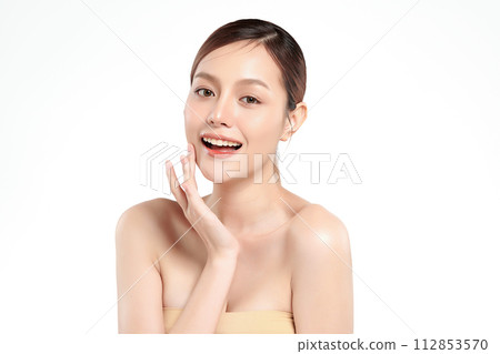 Beautiful young asian woman with clean fresh skin on white background, Face care, Facial treatment, Cosmetology, beauty and spa, Asian women portrait. 112853570