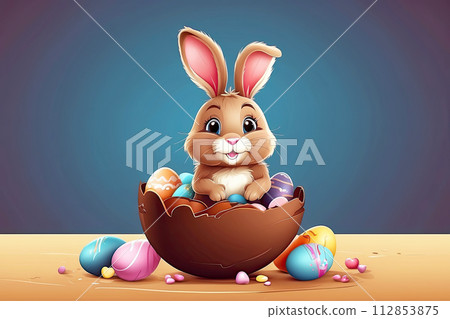 A cute Easter bunny with a basket of chocolate eggs and spring flowers is an illustration of a children character, a traditional holiday card on a colored background. AI generated 112853875