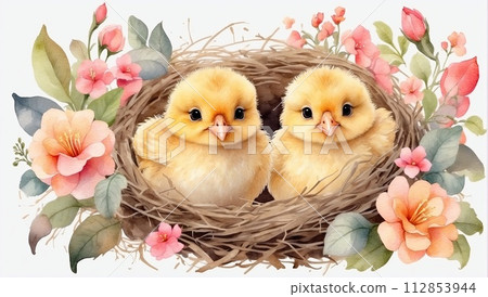 Cute watercolour yellow chicks in a spring blooming nest of twigs and flowers in nature. Spring card, spring time, children, childhood. AI generated 112853944