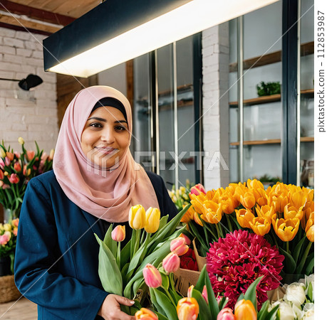 Muslim woman florist collects bouquet of tulips- fresh cut flowers in boxes and vases in flower shop and racks for sale, delivery for the holiday. Spring, March 8, women's Day, birthday. AI generated 112853987