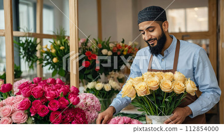 Muslim man florist collects bouquet of roses- fresh cut flowers in boxes and vases in flower shop and racks for sale, delivery for the holiday. Spring, March 8, women's Day, birthday. AI generated 112854000