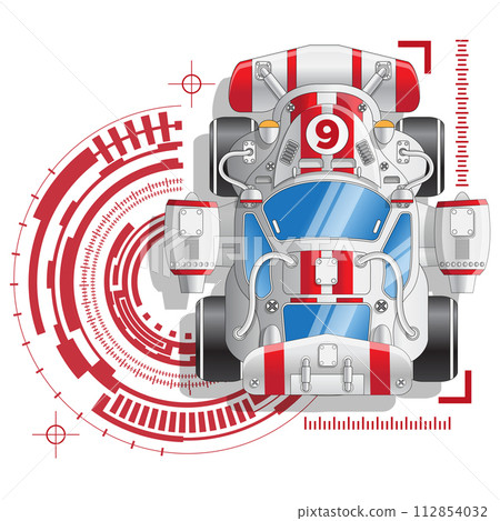 Futuristic racing car on a technological background. View from above. Isolated on white background. Vector illustration.  112854032