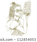 Line drawing illustration of a girl squatting down and reading a newspaper 112854053