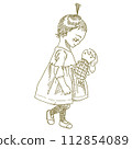 Line drawing illustration of a girl with a doll 112854089
