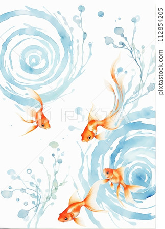 Summer greeting postcard - Goldfish and aquatic plants swimming in the water - AI-generated image 112854205