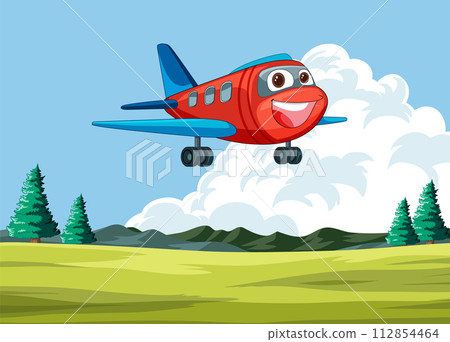 Happy Airplane Flying Over Countryside 112854464