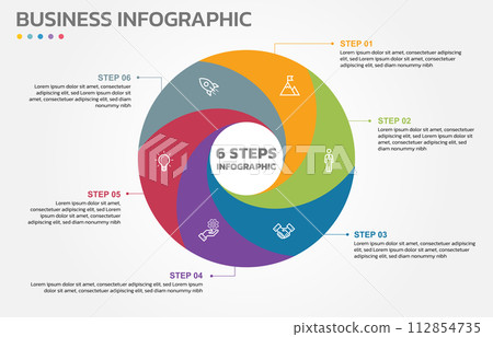 Visual data presentation. Cycle diagram with 6 options. Pie Chart Circle infographic template with 6 steps, options, parts, segments. Business concept. Marketing infographic vector illustration. 112854735