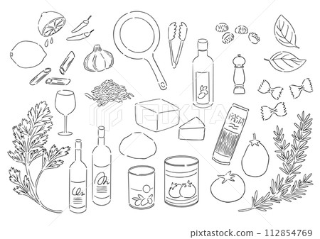 Italian cuisine and ingredients line drawing background material set 112854769