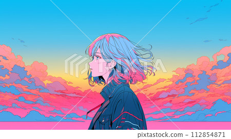 夕陽染紅的天空和女人的側影 112854871