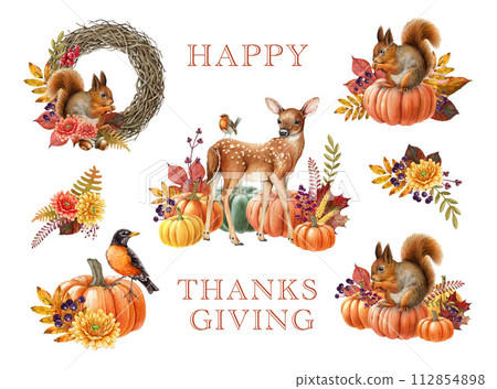 Thanksgiving decor elements with forest animals. Vintage style watercolor illustration. Hand drawn Thanksgiving festive floral decoration with pumpkins, autumn leaves and berries. White background Thanksgiving decor elements with forest animals. Vintage style watercolor illustration. Hand drawn Thanksgiving festive floral decoration with pumpkins, autumn leaves and berries. White background 112854898
