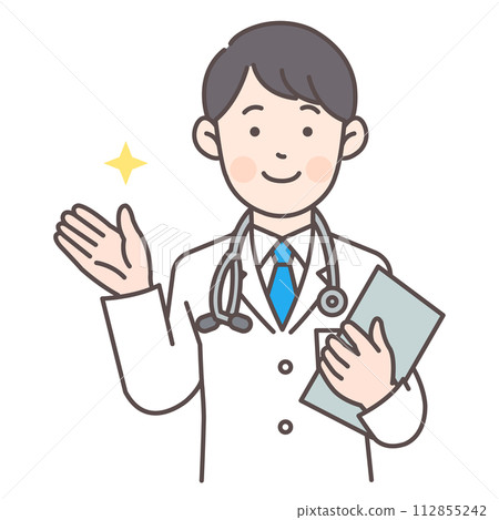 A doctor guiding you while holding a medical record A doctor guiding you while holding a medical record 112855242