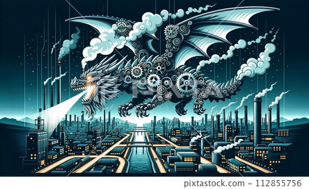 A steampunk dragon rules a mechanized city. 112855756