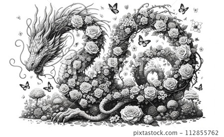 Ink dragon in the flower garden 112855762
