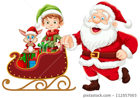 Santa Claus and Helpers Sharing Gifts 112857003