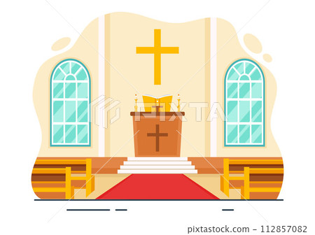 Cathedral Catholic Church Building Vector Illustration With Architecture, Medieval and Modern Churches Interior Design in Flat Cartoon Background Cathedral Catholic Church Building Vector Illustration With Architecture, Medieval and Modern Churches Interior Design in Flat Cartoon Background 112857082