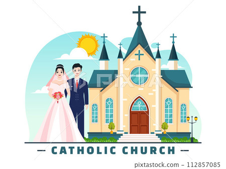 Catholic Church Cathedral as a Sacred Place for Weddings Flat Cartoon Background Vector Illustration Catholic Church Cathedral as a Sacred Place for Weddings Flat Cartoon Background Vector Illustration 112857085