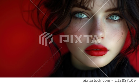 portrait, young pretty girl in red and black color 112857109