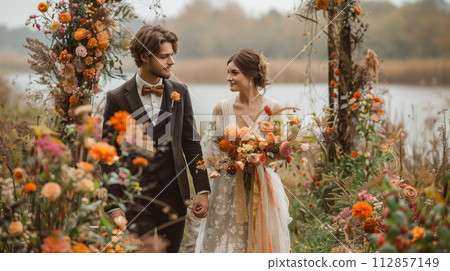 wedding, portrait of bride and groom, outdoors wedding, portrait of bride and groom, outdoors 112857149
