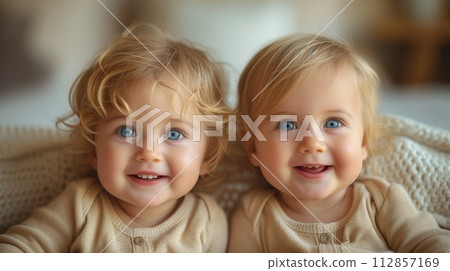 portrait of cute children, blonde brothers 112857169