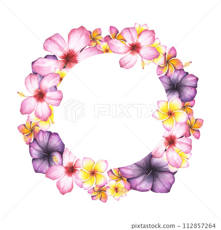 Wreath frame pink violet hibiscus, plumeria flower isolated on white background. Watercolor hand drawn frangipani botanical illustration. Art for design banner, poster, cosmetic, relaxation, template 112857264